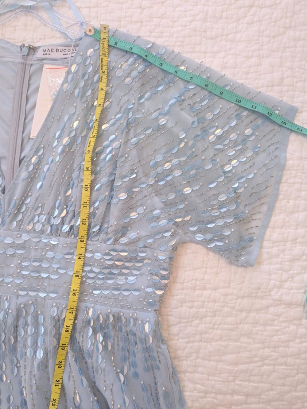 Mac Duggal Blue Maxi Dress V-neck Sequin Short Sleeve Empire Waist 10807 Size 14 - Picture 13 of 16